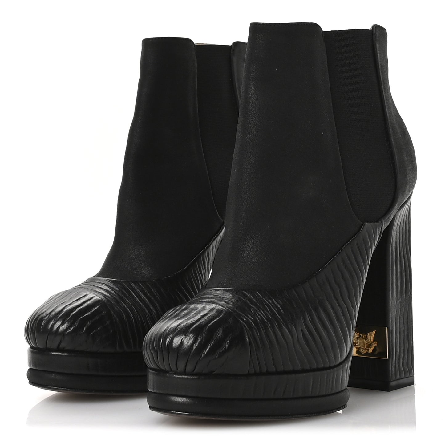 Wax Suede Wood Effect Calfskin Platform Ankle Boots 37.5 Black