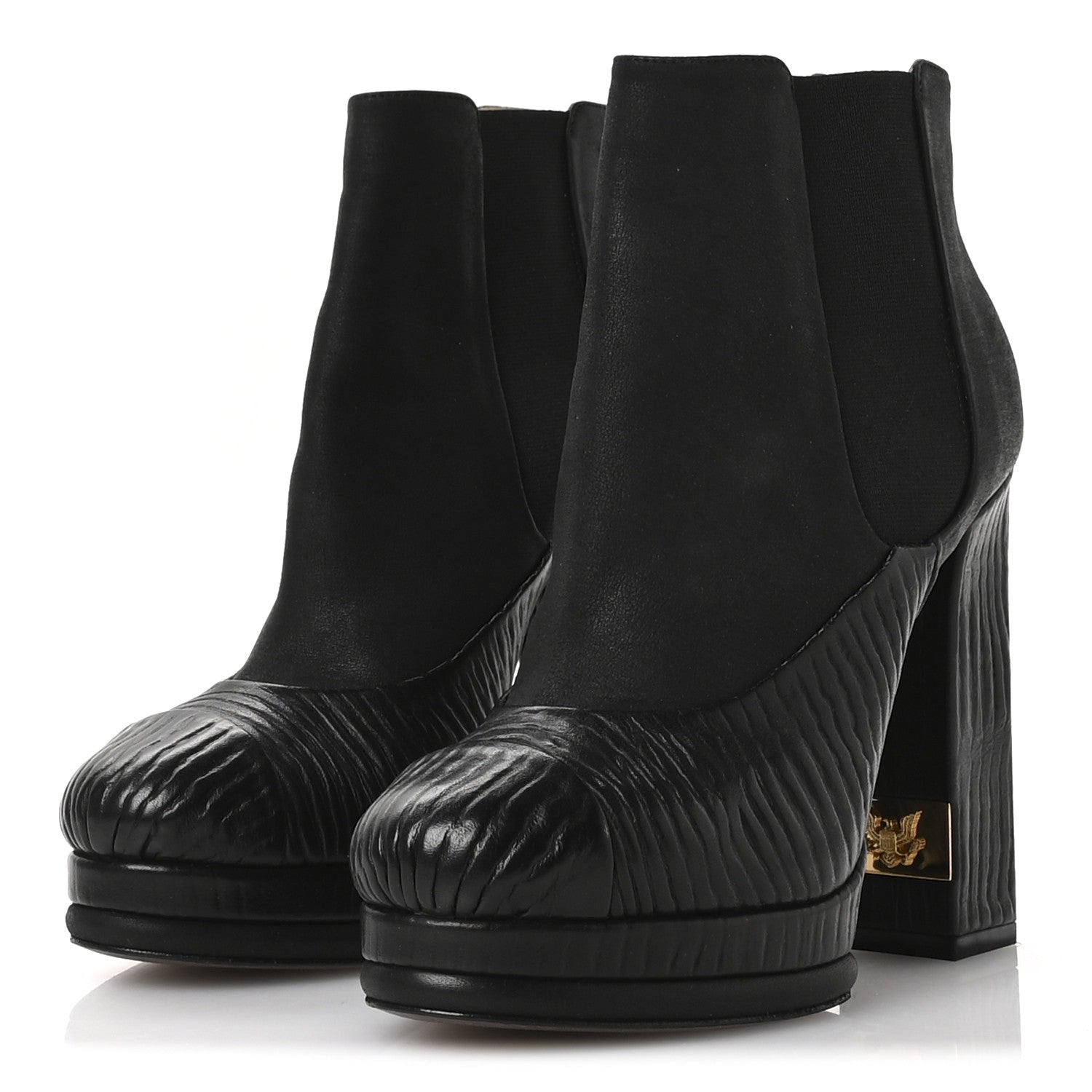 Chanel Wax Suede Wood Effect Calfskin Platform Ankle Boots 37.5 Black 4 of 9