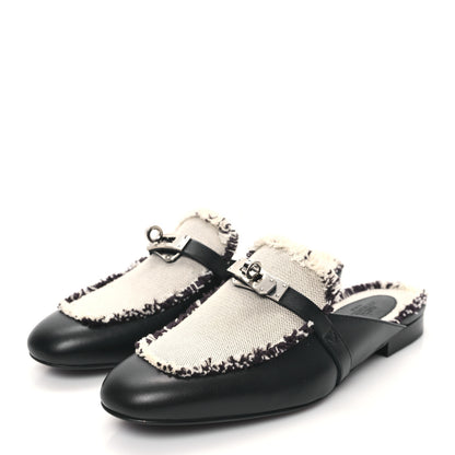 Hermes Toile Calfskin Fringe Womens Oz Mules 36.5 Black Prunoir 3 of 10