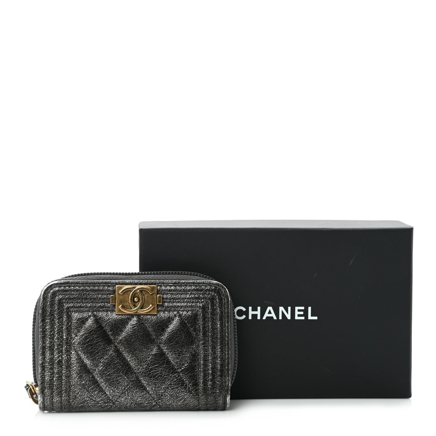 Cracked Metallic Calfskin Quilted Boy Zip Around Coin Purse Wallet Dark Silver