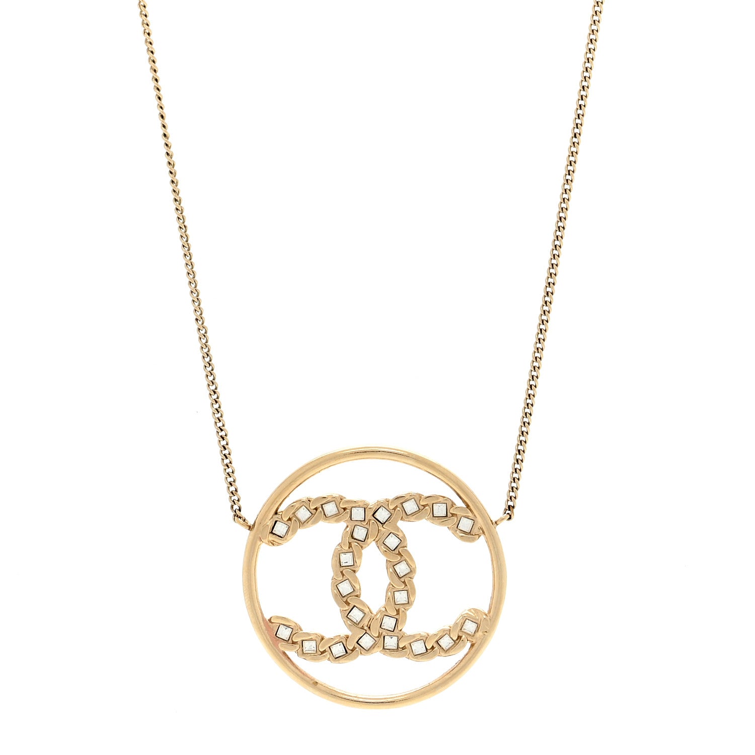 Chanel Crystal Metal CC Round Pendant Necklace Gold 1 of 4