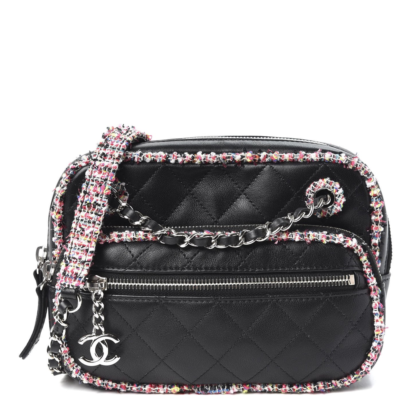 Lambskin Quilted Tweed Elegant Trim Front Zip Camera Case Black