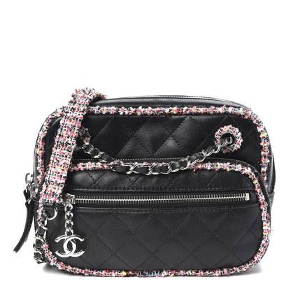 Chanel Lambskin Quilted Tweed Elegant Trim Front Zip Camera Case Black 1 of 9