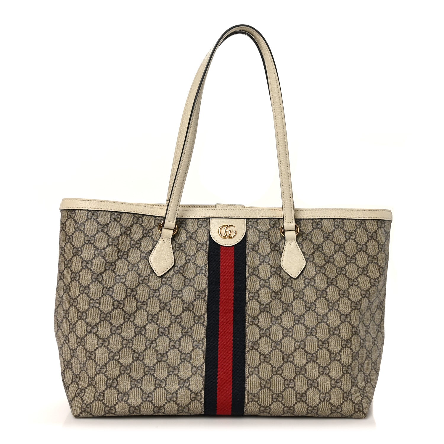 Gucci GG Supreme Monogram Textured Dollar Calfskin Web Medium Ophidia Shopping Tote Beige Ebony Mystic White 1 of 10