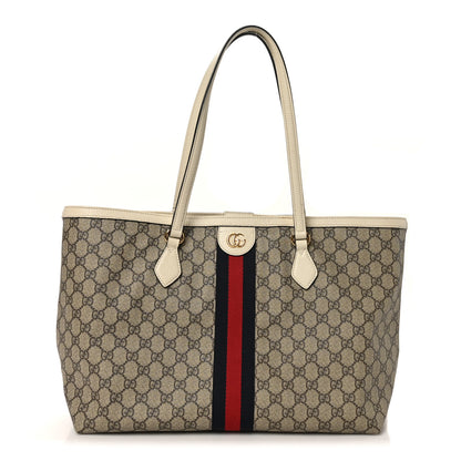 Gucci GG Supreme Monogram Textured Dollar Calfskin Web Medium Ophidia Shopping Tote Beige Ebony Mystic White 1 of 10