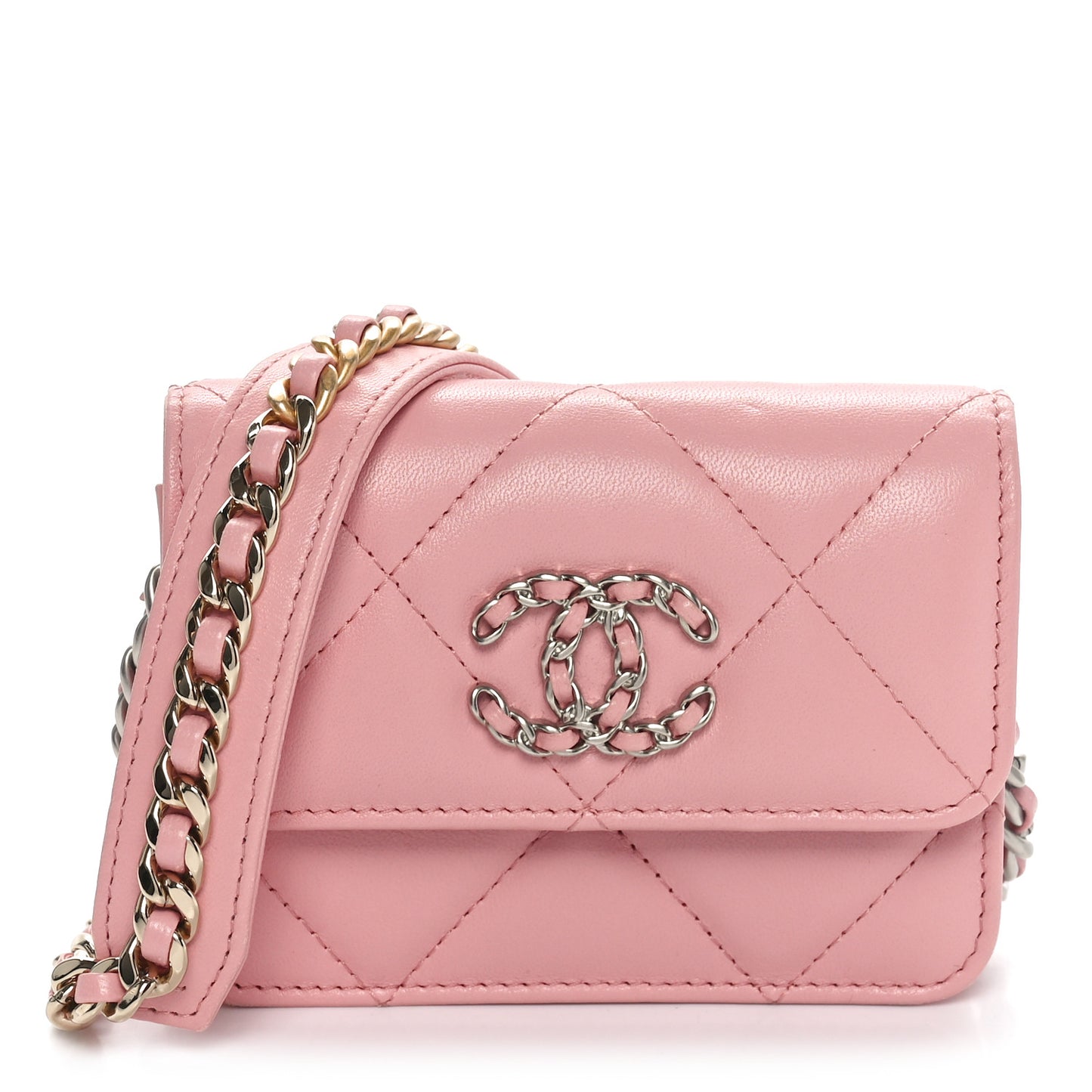Lambskin Quilted Chanel 19 Flap Card Holder With Chain Rose