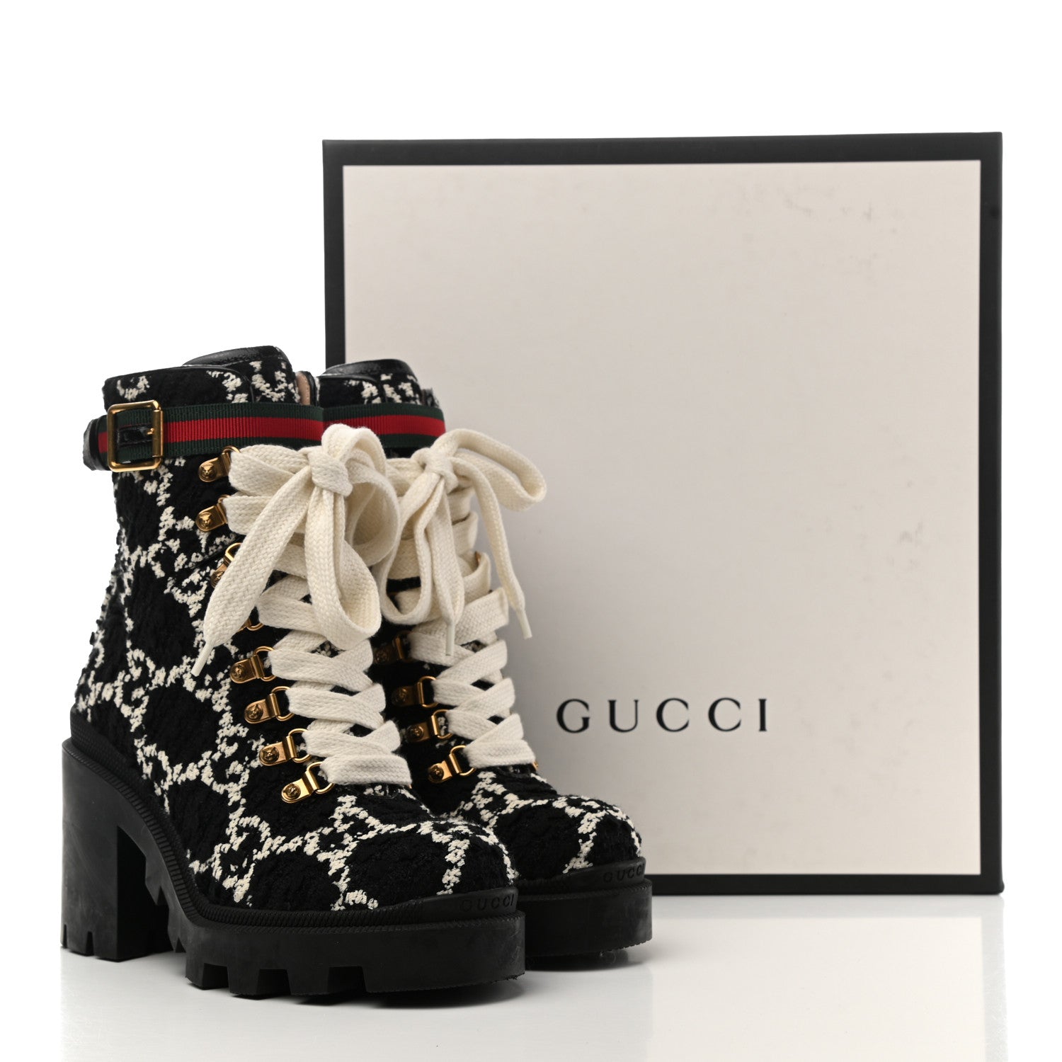 Gucci Tweed GG Monogram Lace Up Combat Ankle Boots 36 Black 11 of 11
