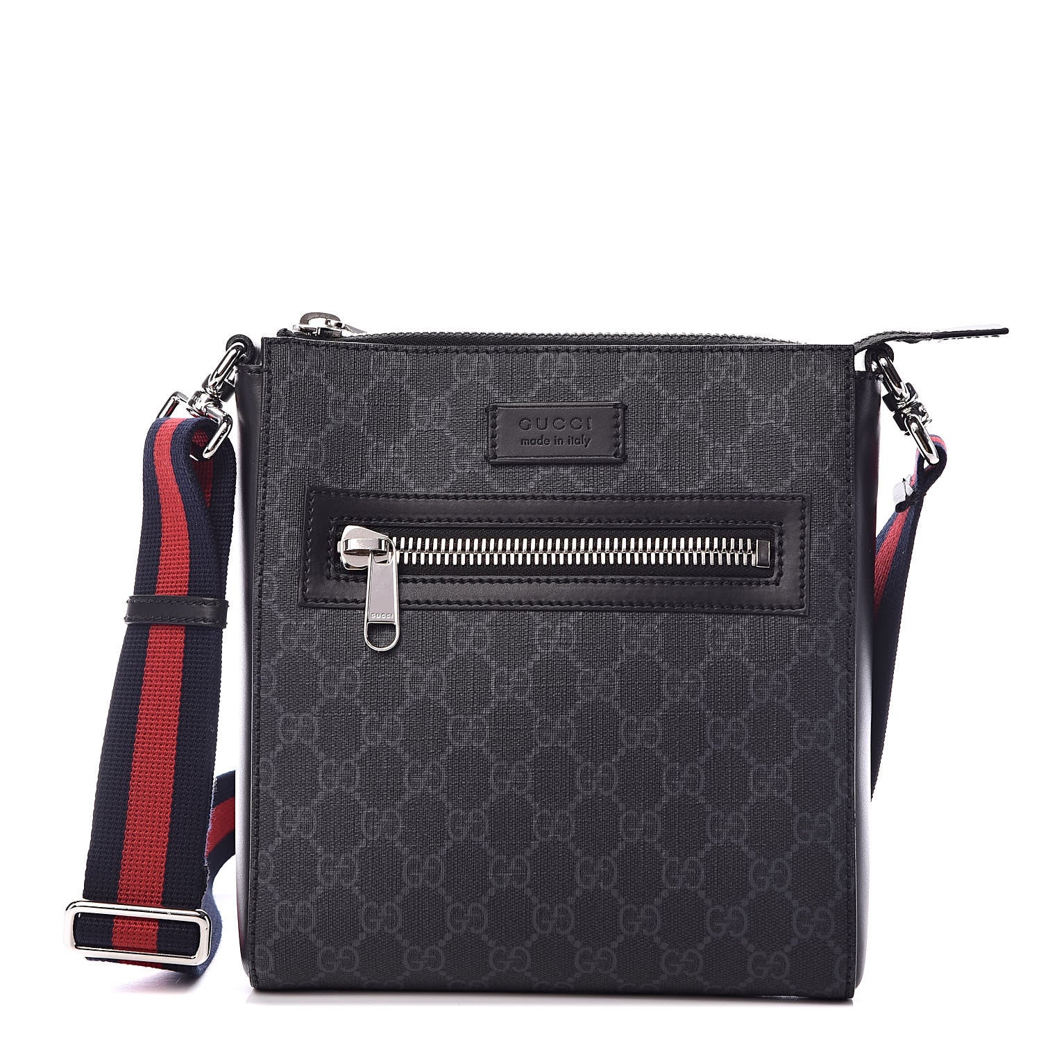 Gucci GG Supreme Monogram Web Small Flat Messenger Bag Black Grey 1 of 11