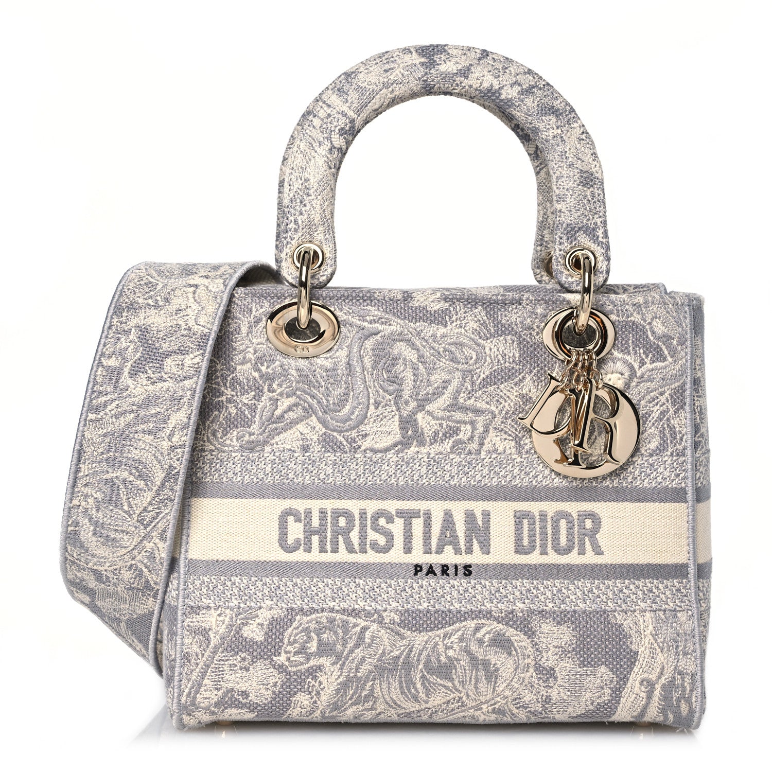 Christian Dior Canvas Toile De Jouy Reverse Embroidered Medium Lady D-Lite Gray 1 of 11