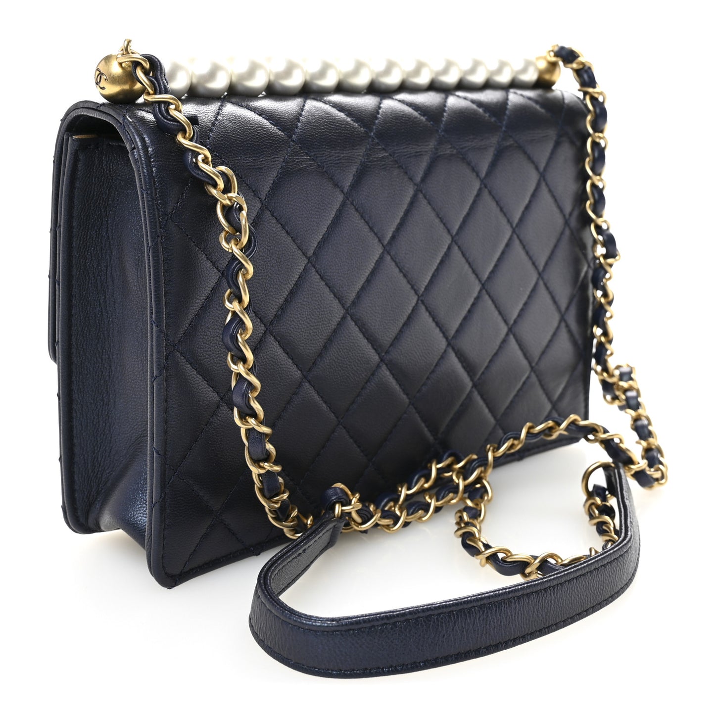 Iridescent Lambskin Quilted Small Chic Pearls Flap Blue