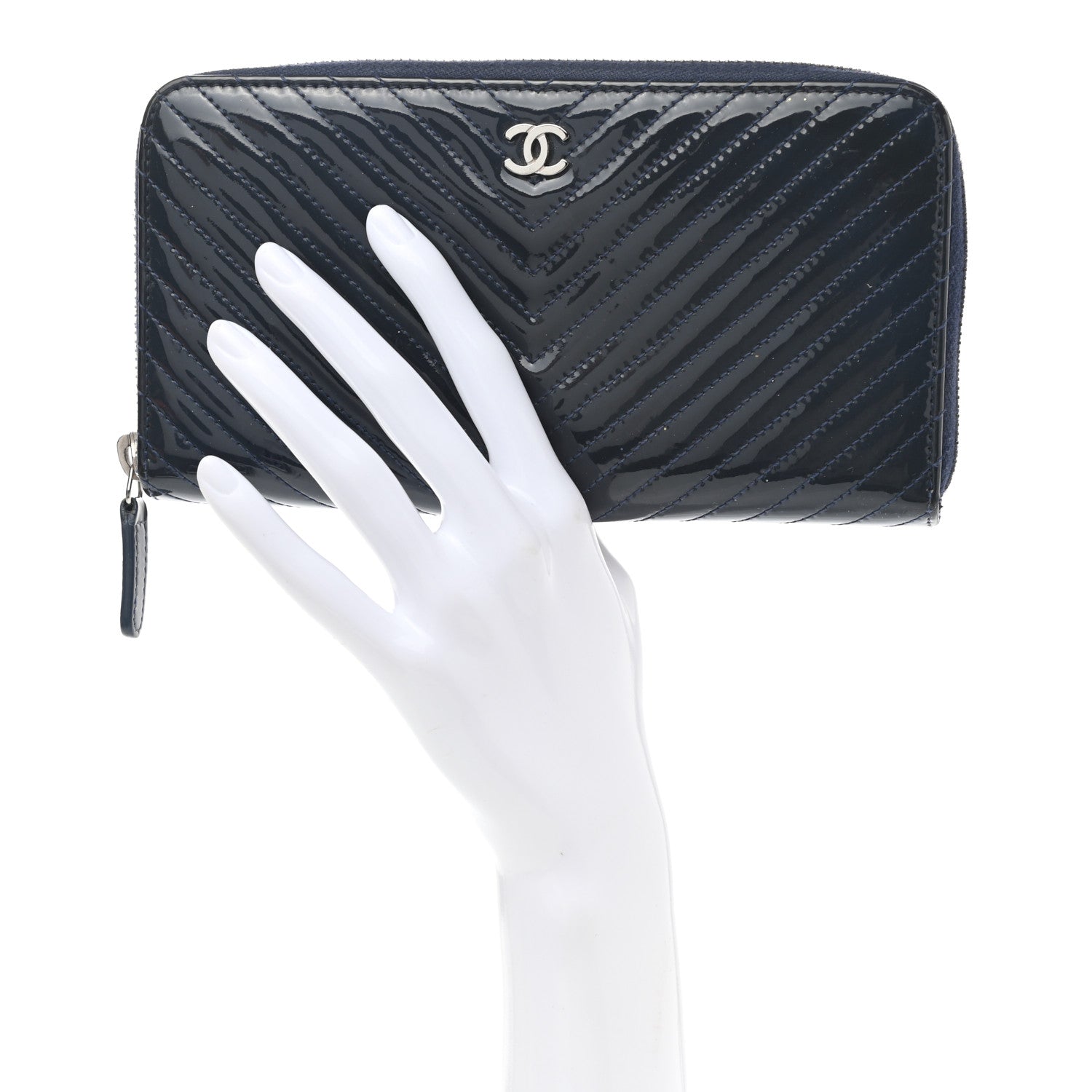 Chanel Patent Chevron Zip Around Wallet Blue 2 of 10