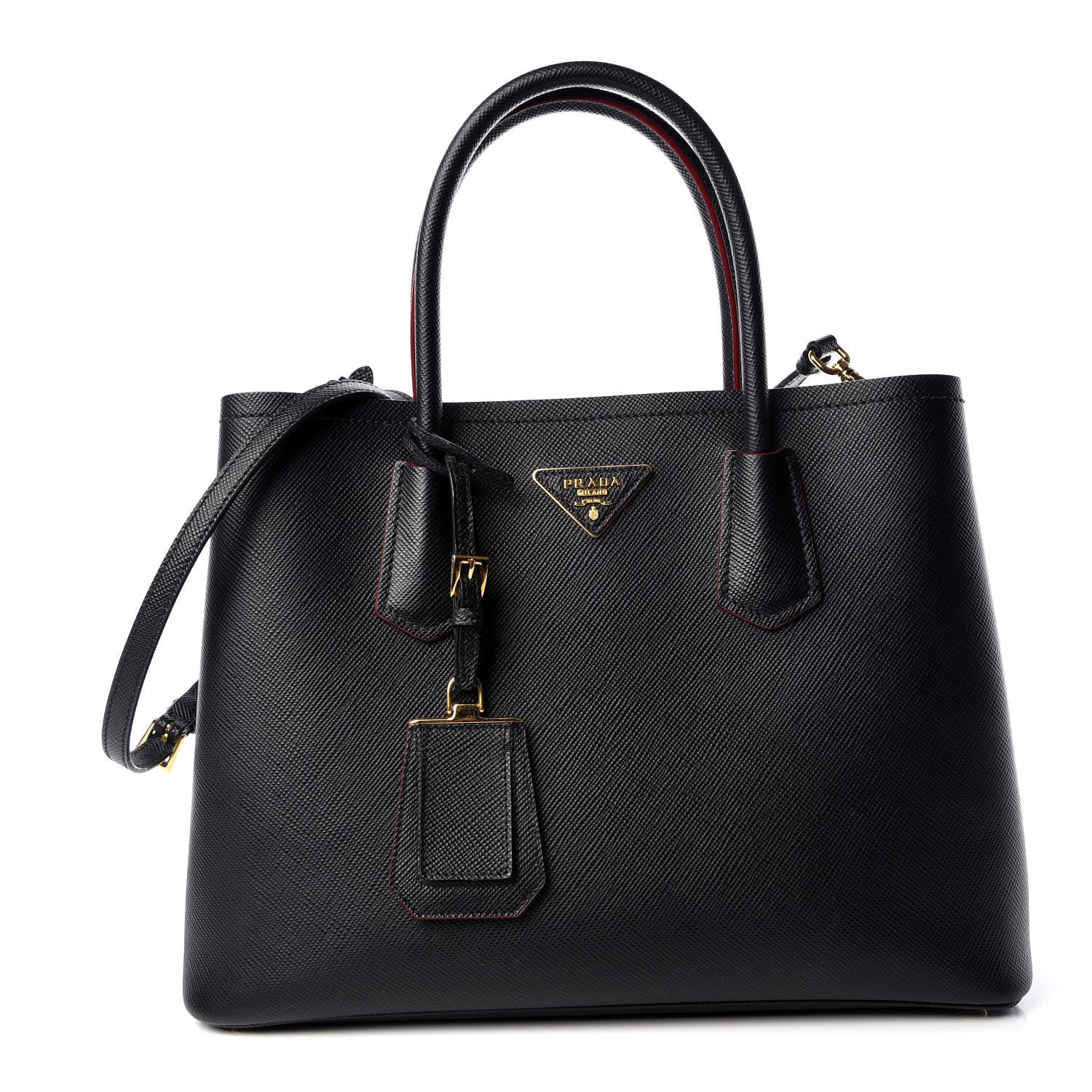 Prada Saffiano Cuir Medium Double Bag Black Fuoco 1 of 11