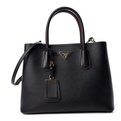 Prada Saffiano Cuir Medium Double Bag Black Fuoco 1 of 11