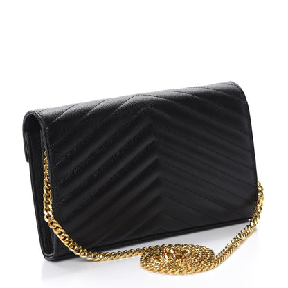 Saint Laurent Grain De Poudre Matelasse Chevron Monogram Chain Wallet Black 3 of 10