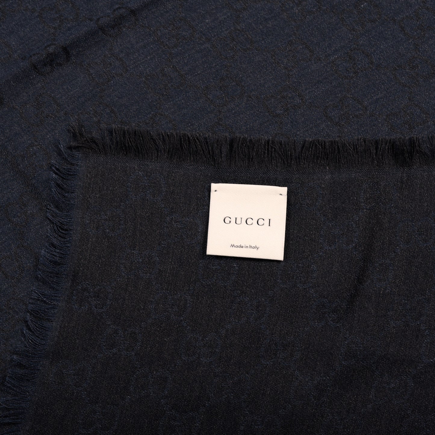 Wool Silk Monogram GGWeb Fringe Shawl Navy Black