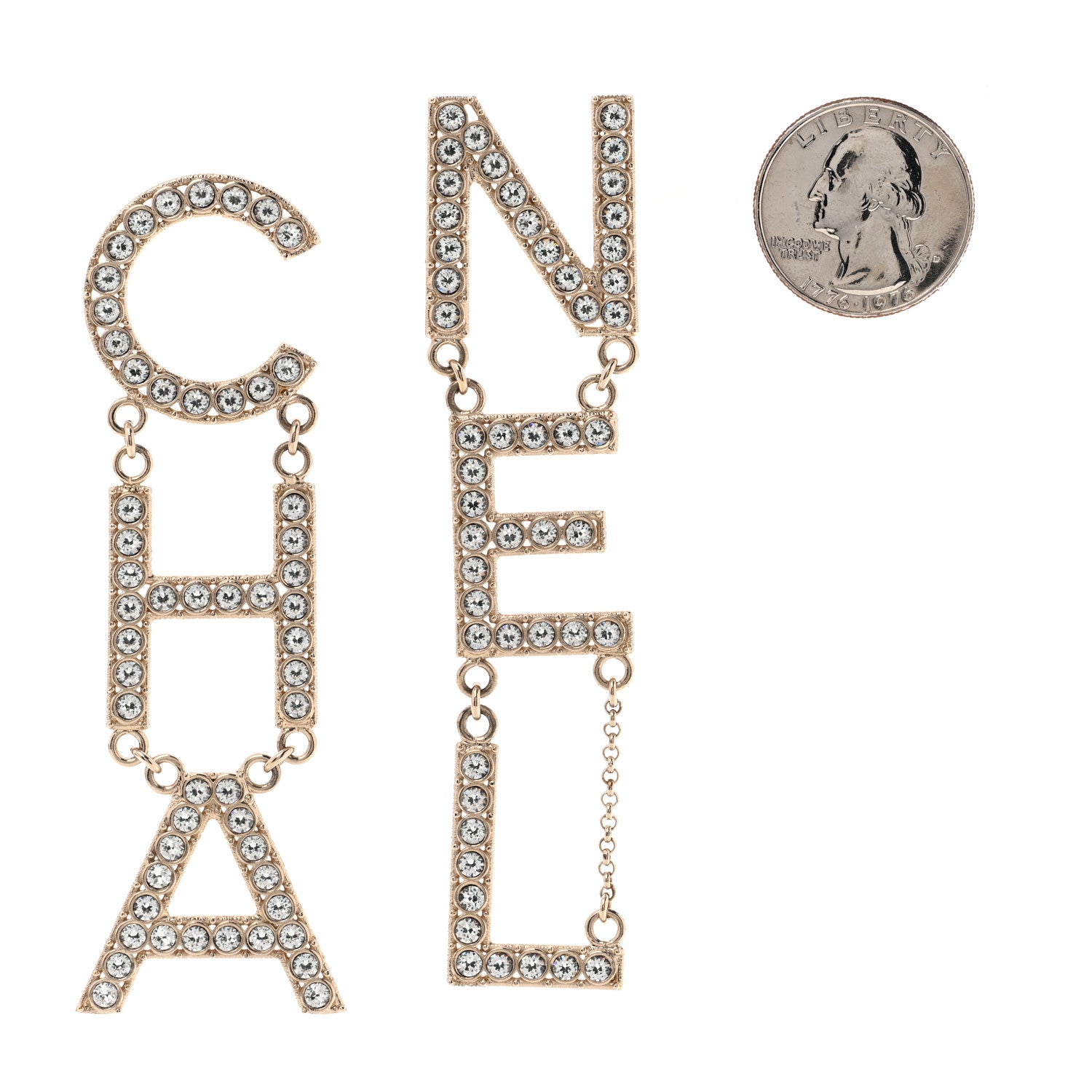 Chanel Crystal Cha-Nel Logo Drop Earrings Gold 2 of 6