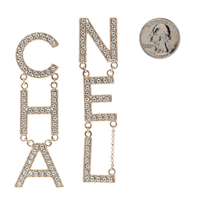 Chanel Crystal Cha-Nel Logo Drop Earrings Gold 2 of 6