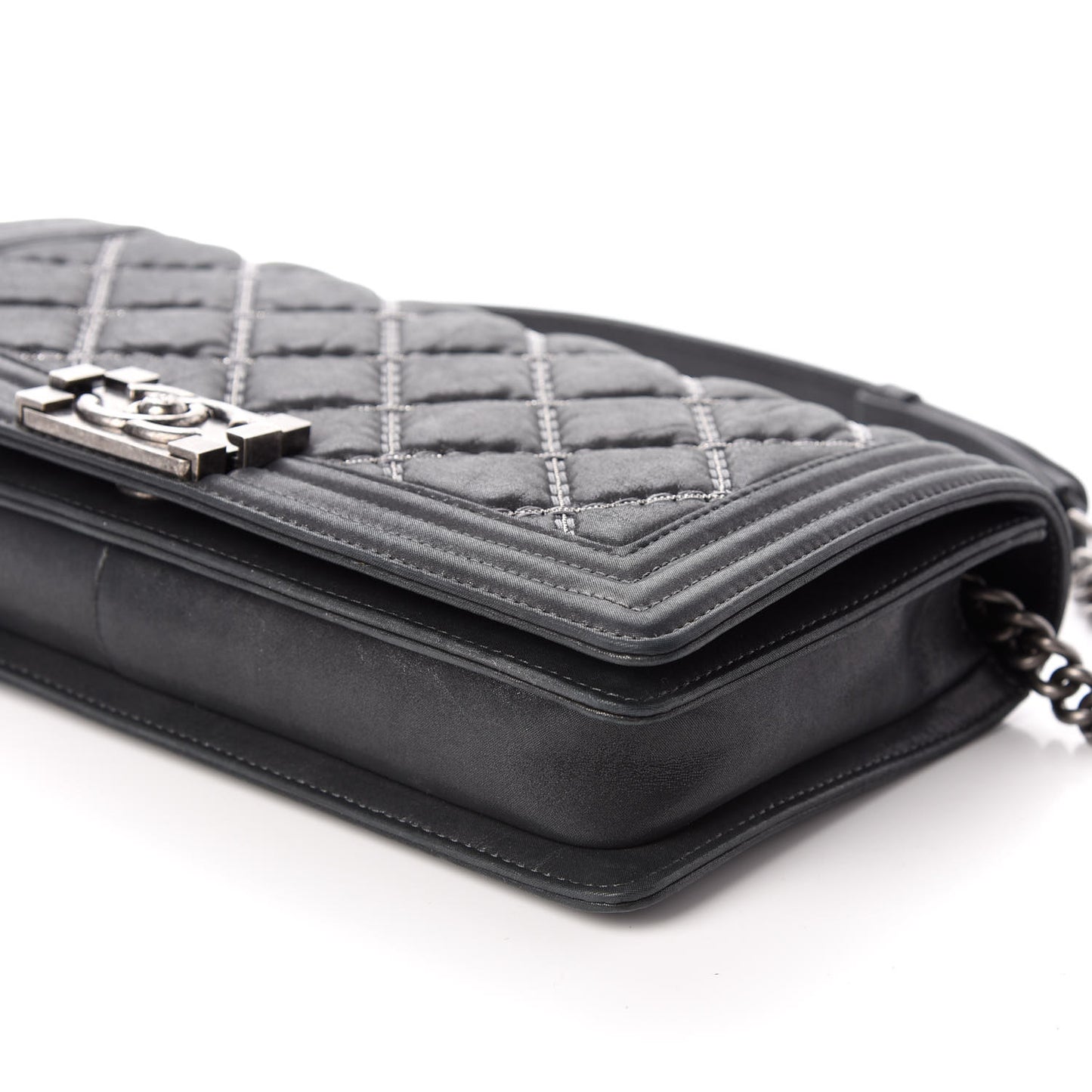 Iridescent Calfskin Embellished Double Stitch Boy Flap Black