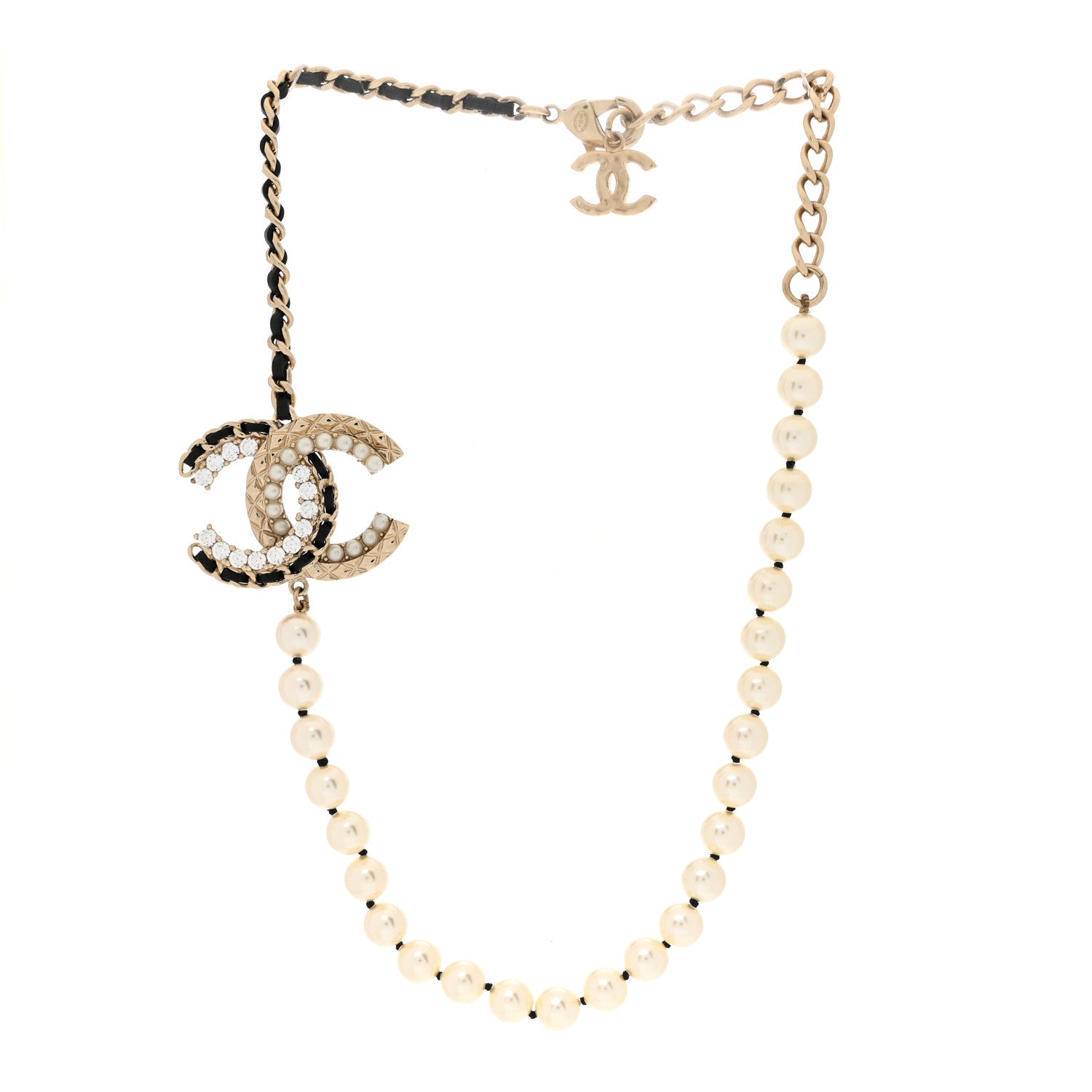 Chanel Lambskin Pearl Crystal CC Short Necklace Gold White Black 3 of 5