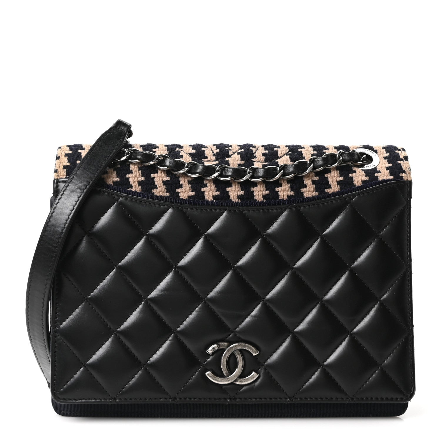 Chanel Tweed Calfskin Quilted Ballerine Flap Black Navy Beige 1 of 10