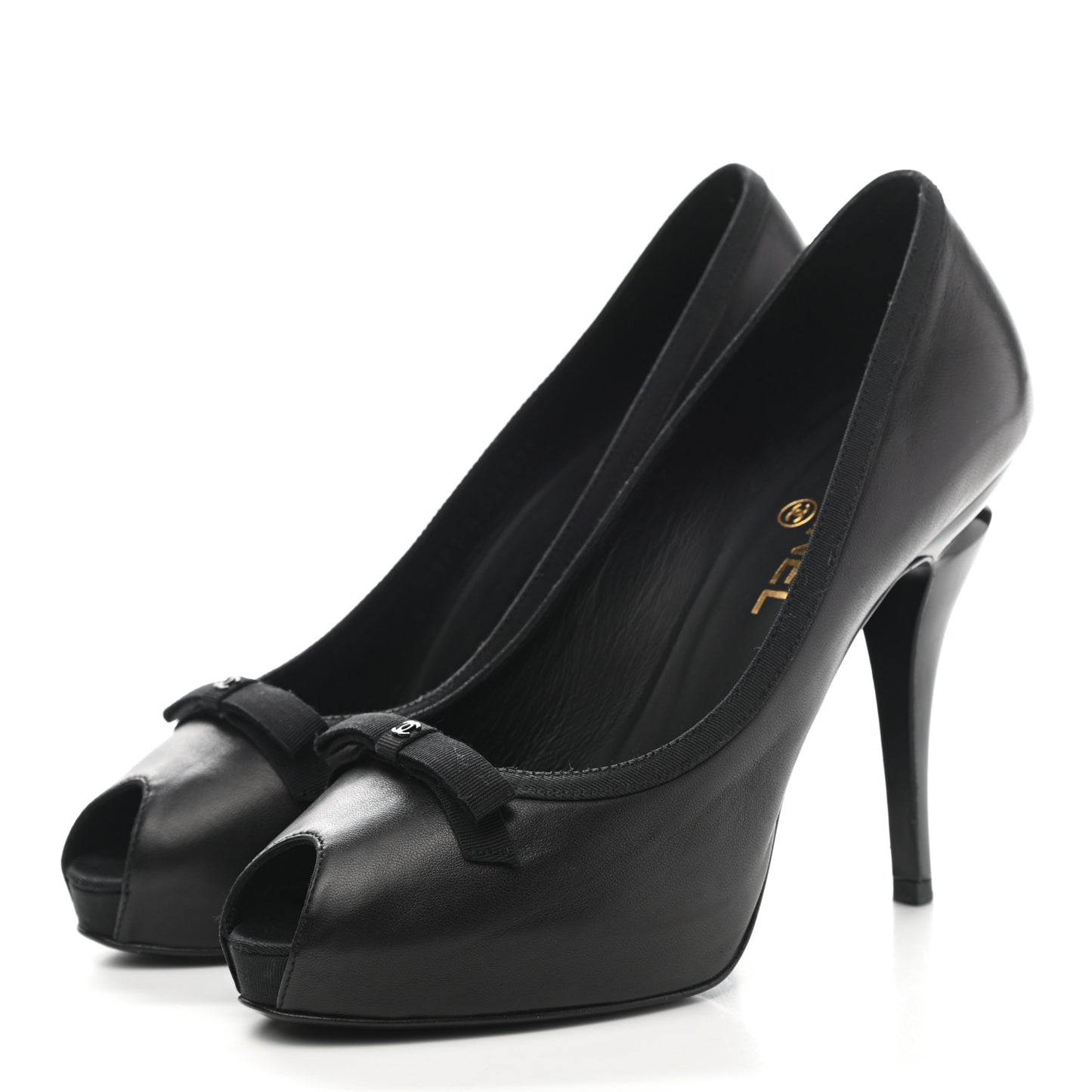 Lambskin Grosgrain CC Bow Peep Toe Pumps 38 Black