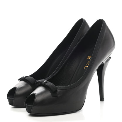 Chanel Lambskin Grosgrain CC Bow Peep Toe Pumps 38 Black 3 of 9