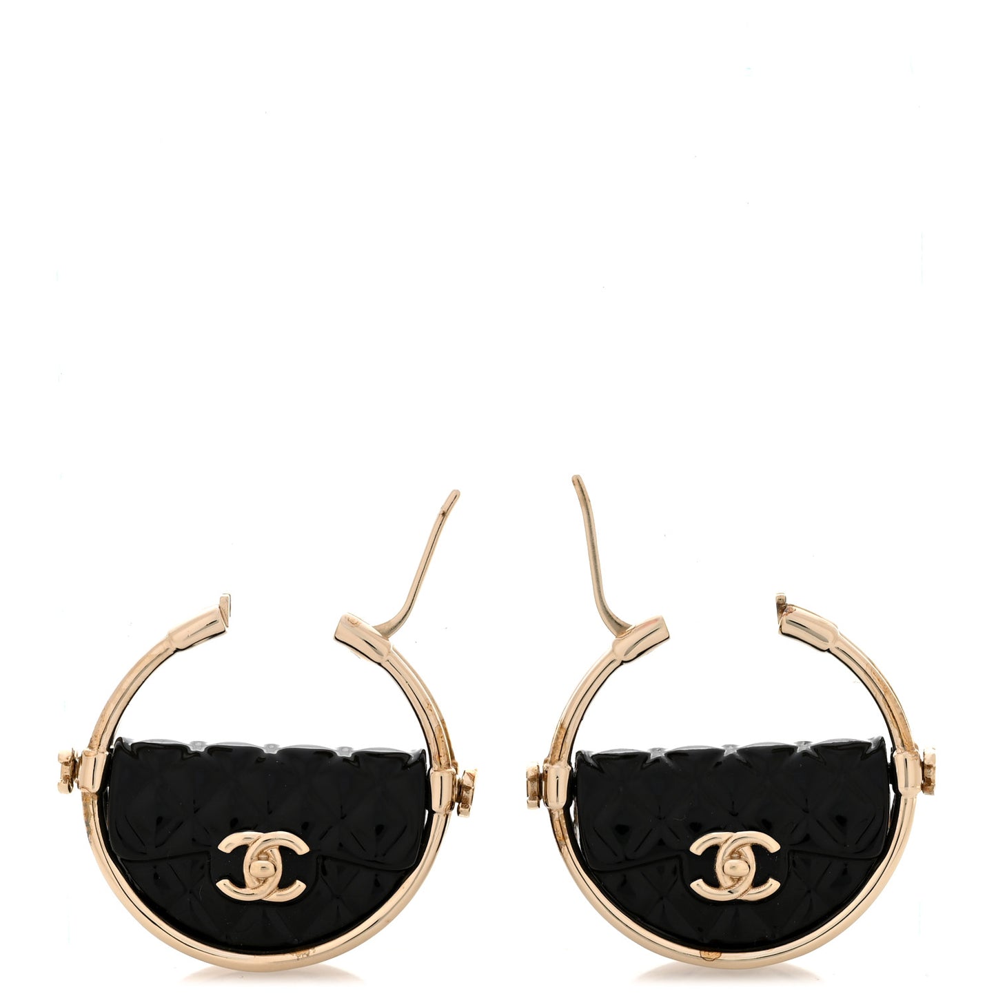 Metal Resin Quilted Flap Bag Hoop Earrings Black Gold