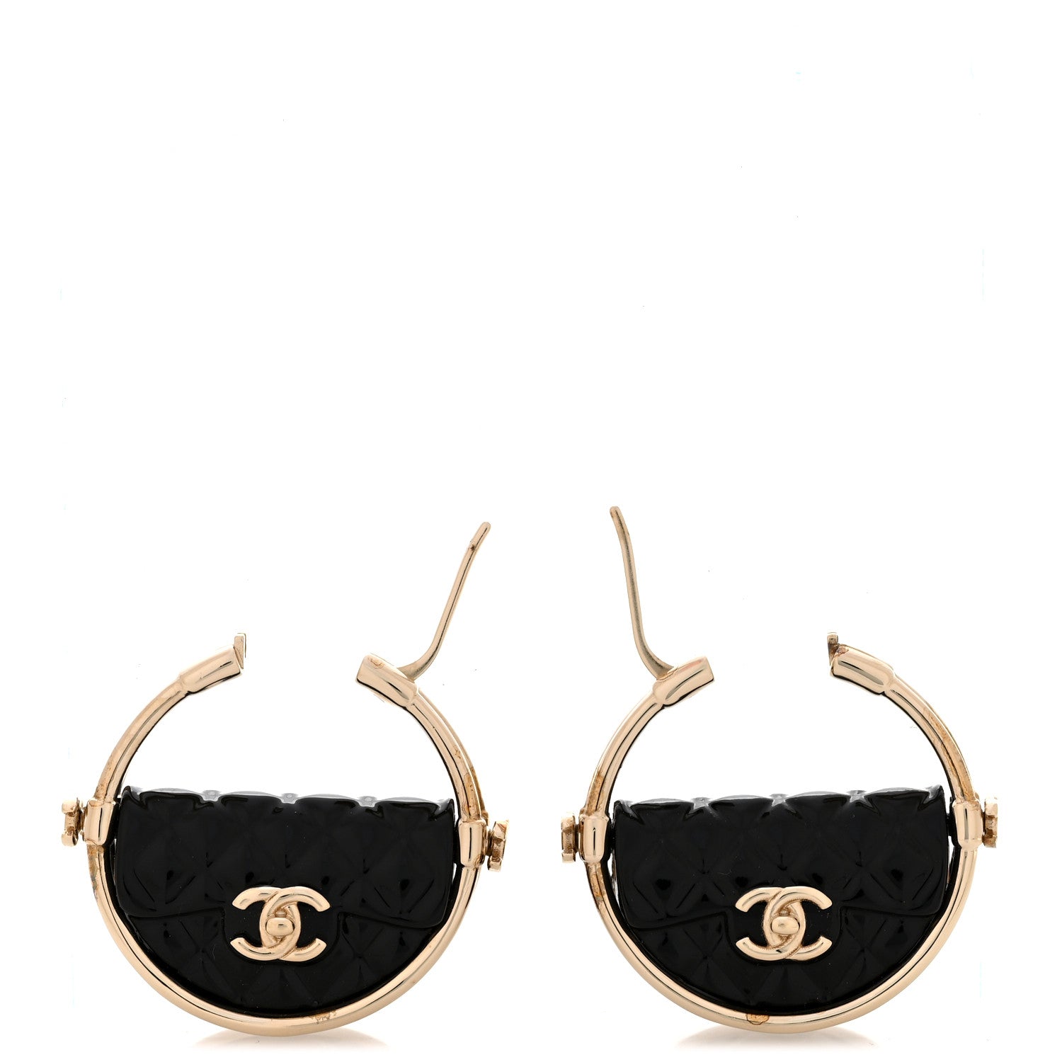 Chanel Metal Resin Quilted Flap Bag Hoop Earrings Black Gold 3 of 5