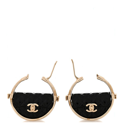 Chanel Metal Resin Quilted Flap Bag Hoop Earrings Black Gold 3 of 5