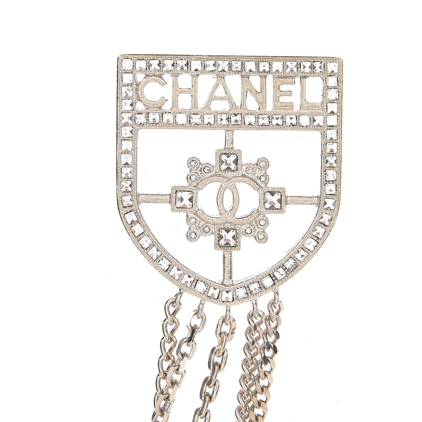Baguette Crystal CC Shield Multi Strand Long Chain Brooch Silver