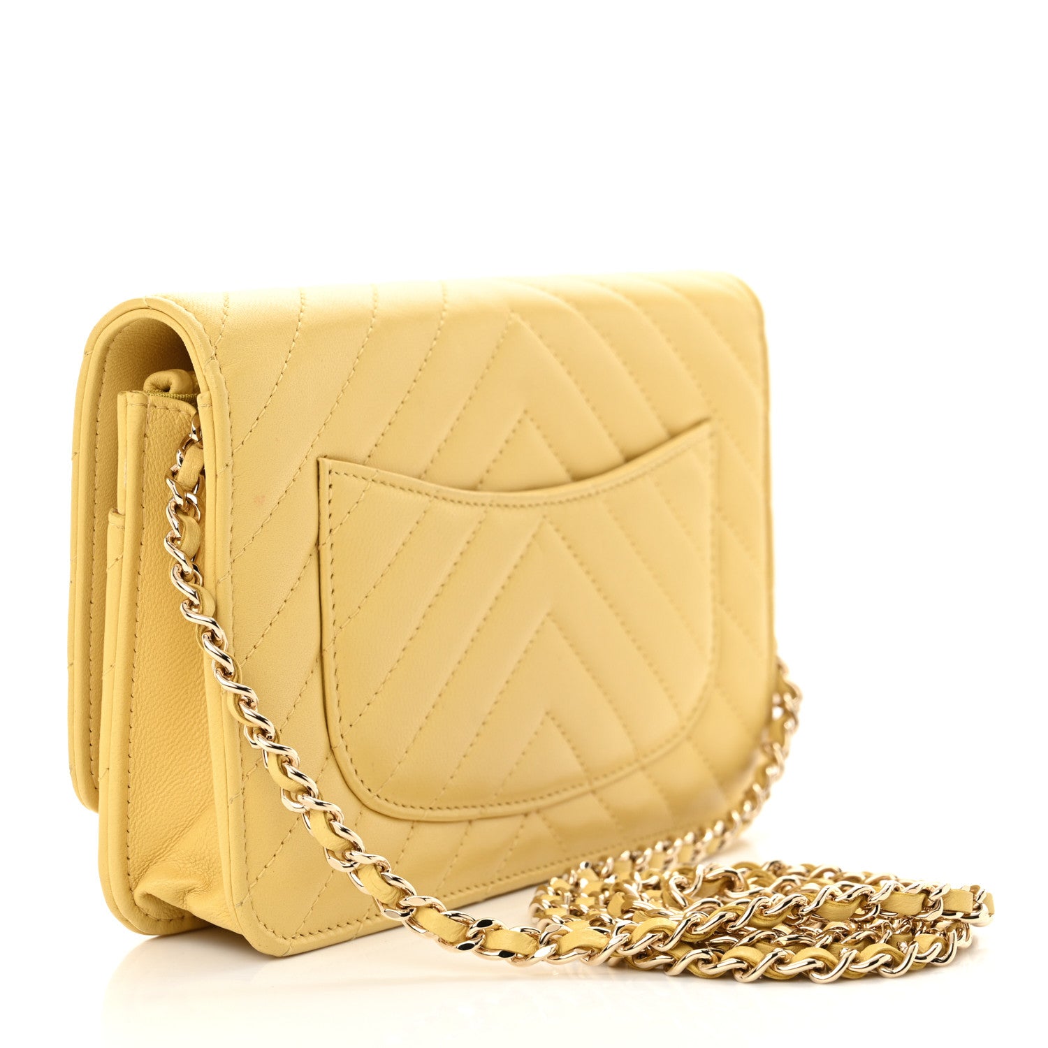 Chanel Lambskin Chevron Quilted Wallet On Chain WOC Yellow 3 of 12