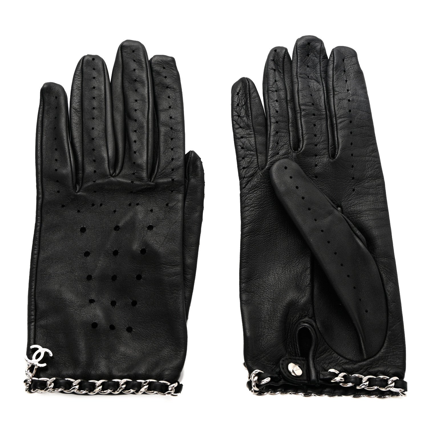 Chanel Lambskin Perforated Chain CC Gloves 8 Black 1 of 7