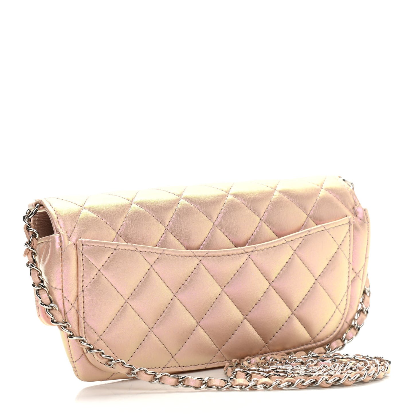 Iridescent Calfskin Quilted Glasses Case With Chain Pink
