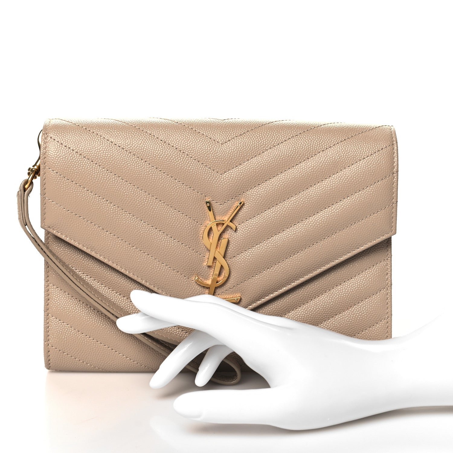 Saint Laurent Grain De Poudre Matelasse Chevron Monogram Cassandre Flap Pouch Dark Beige 2 of 11