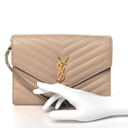 Saint Laurent Grain De Poudre Matelasse Chevron Monogram Cassandre Flap Pouch Dark Beige 2 of 11