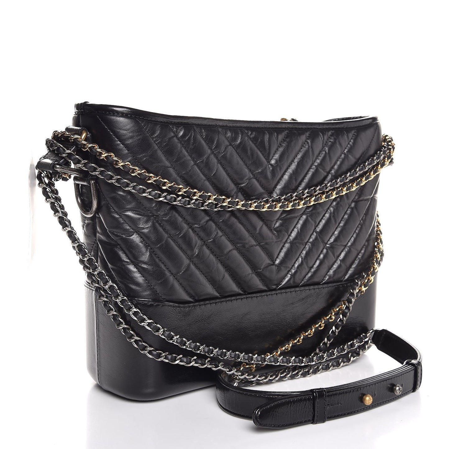 Aged Calfskin Chevron Quilted Medium Gabrielle Hobo Black