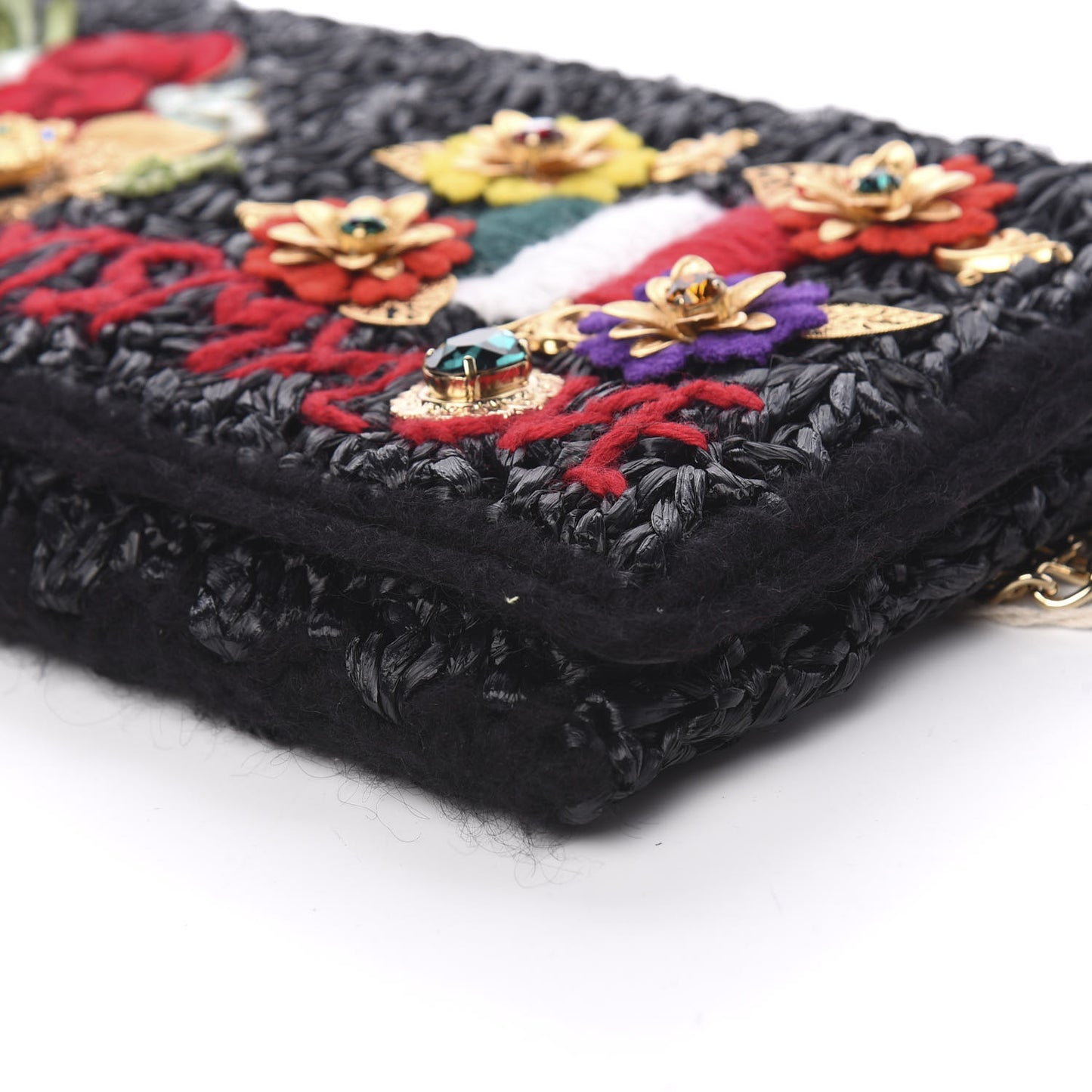 Woven Raffia Embellished Chain Flap Bag Black Multicolor