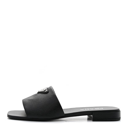 Prada Saffiano Metal Triangle Logo 10mm Slide Sandals 39 Black 1 of 7