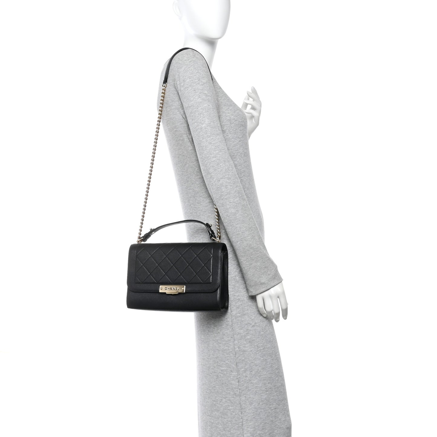 Grained Calfskin Quilted Medium Label Click Flap Bag Black