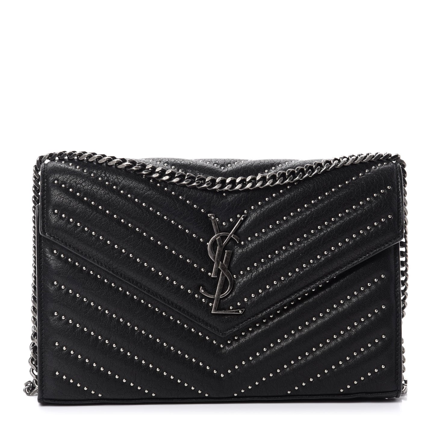 Sheepskin Matelasse Chevron Studded Monogram Chain Wallet Black