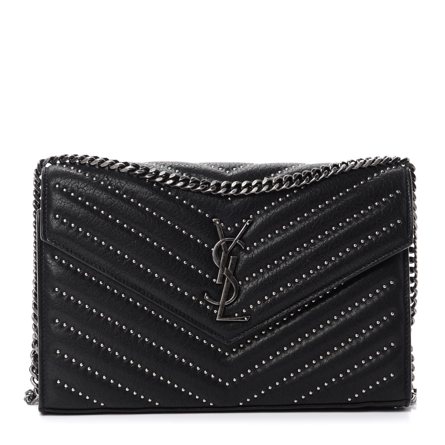 Saint Laurent Sheepskin Matelasse Chevron Studded Monogram Chain Wallet Black 1 of 10