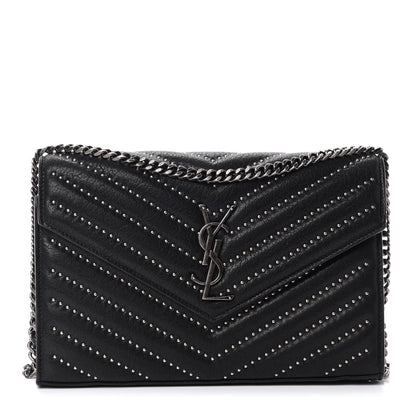Saint Laurent Sheepskin Matelasse Chevron Studded Monogram Chain Wallet Black 1 of 10