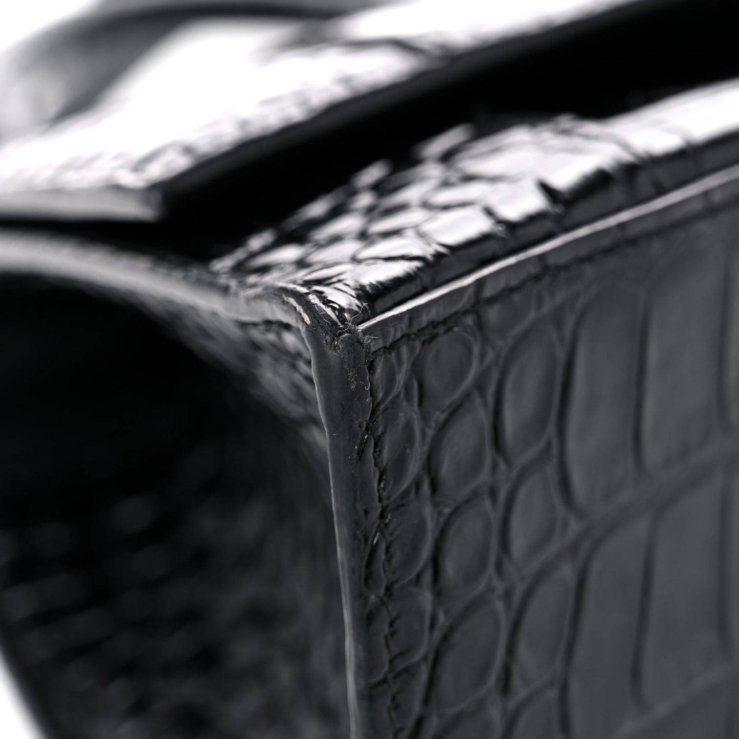 Shiny Calfskin Monochrome Crocodile Embossed Small Hourglass Top Handle Bag Black