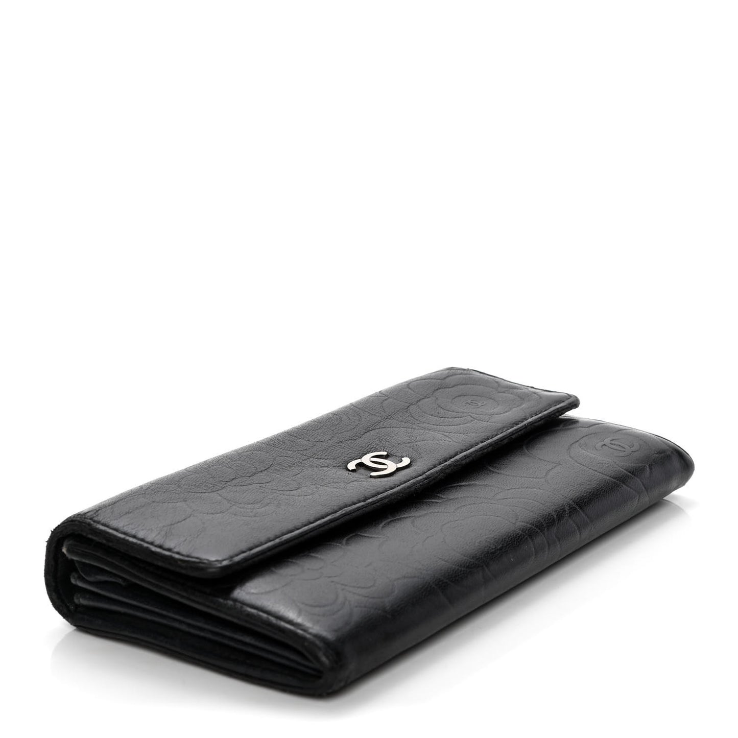 Lambskin Embossed Camellia Large Gusset Flap Wallet Black