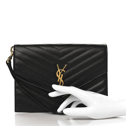Saint Laurent Grain De Poudre Matelasse Chevron Monogram Envelope Clutch Black 2 of 7