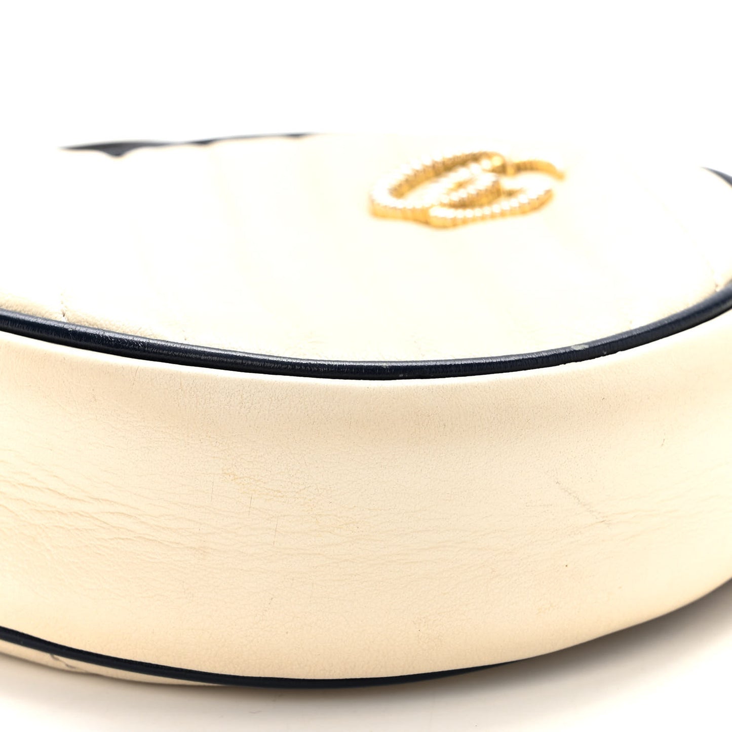 Azalea Calfskin Matelasse Diagonal Mini Torchon GG Marmont Round Shoulder Bag Mystic White Blue Agata