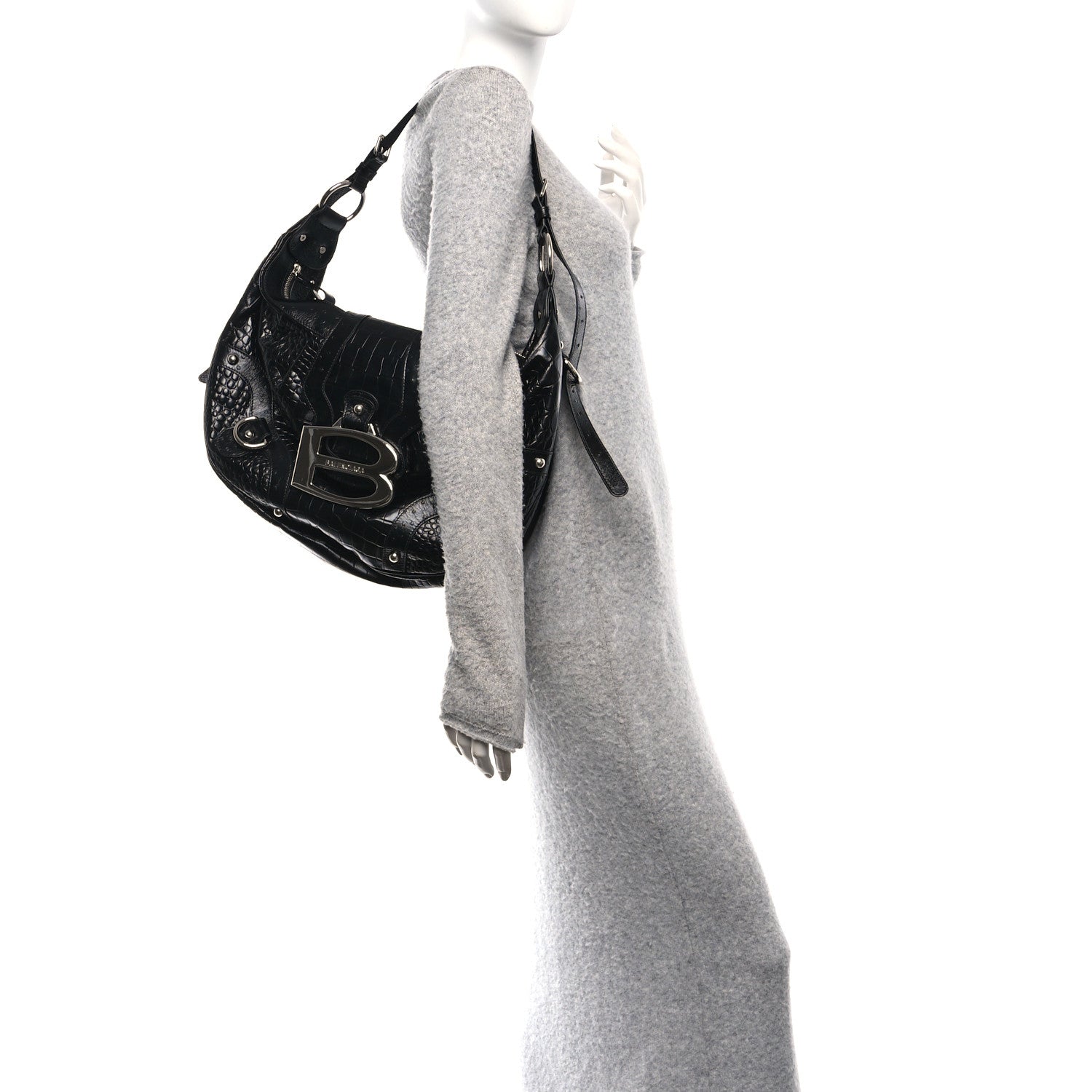 Balenciaga Shiny Calfskin Crocodile Embossed Essex Hobo Black 2 of 9