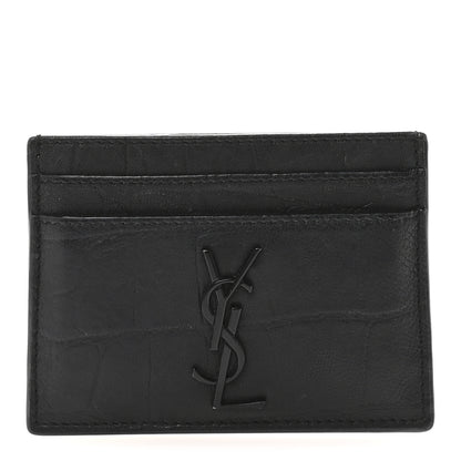 Saint Laurent Calfskin Crocodile Embossed Monogram Credit Card Case Black 1 of 8