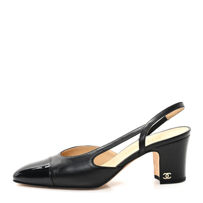 Chanel Lambskin Patent Cap Toe CC Slingback Pumps 36 Black 1 of 9