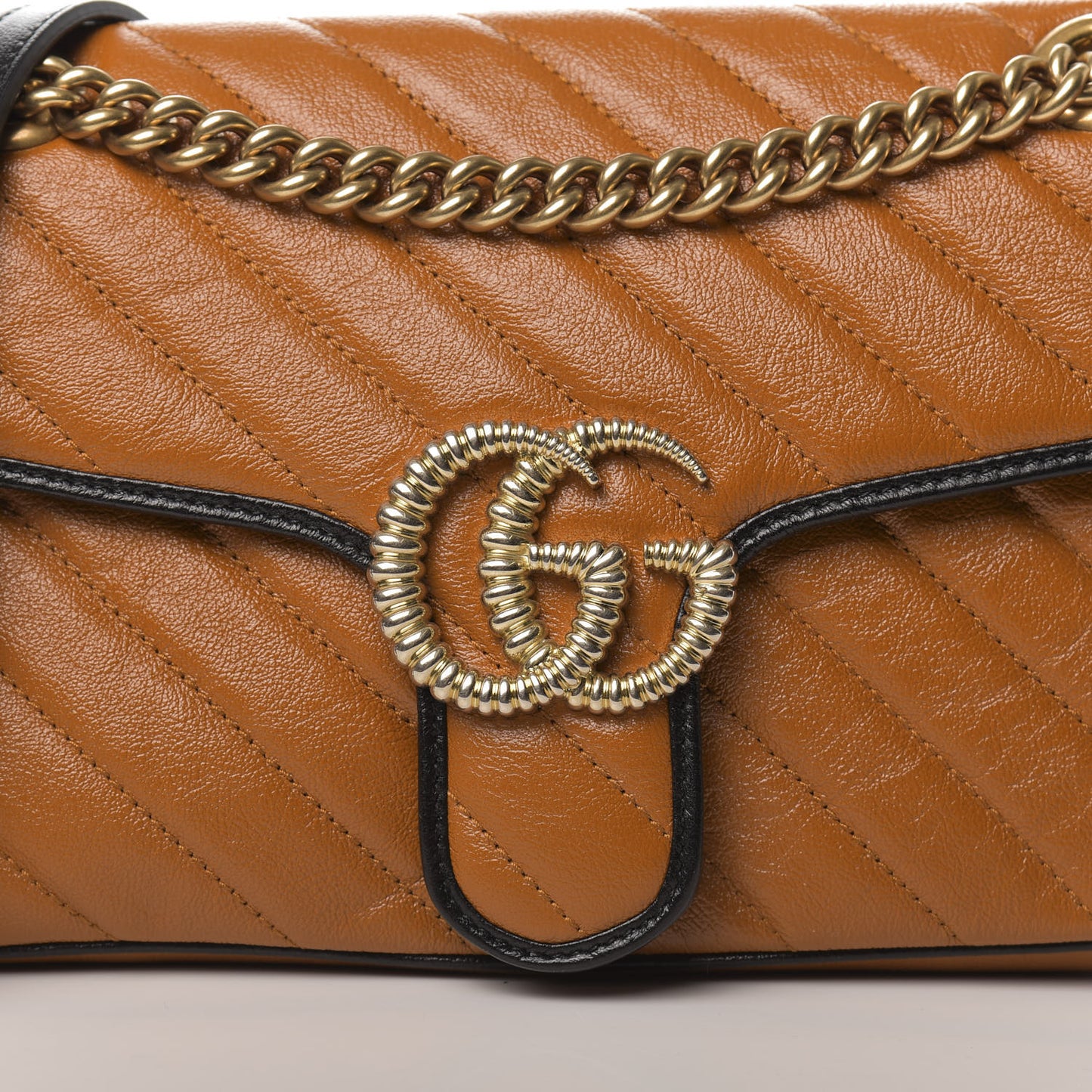 Vintage Effect Calfskin Matelasse Diagonal Small Torchon GG Marmont Shoulder Bag Cognac Black